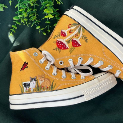 Embroidered Red Mushrooms And Butterfly ,Embroidered Converse Chuck