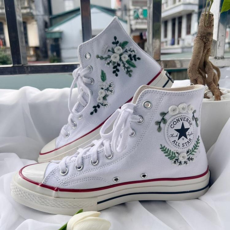 Flower Mint Converse Custom, Custom Embroidery Shoes, Wedding sneakers