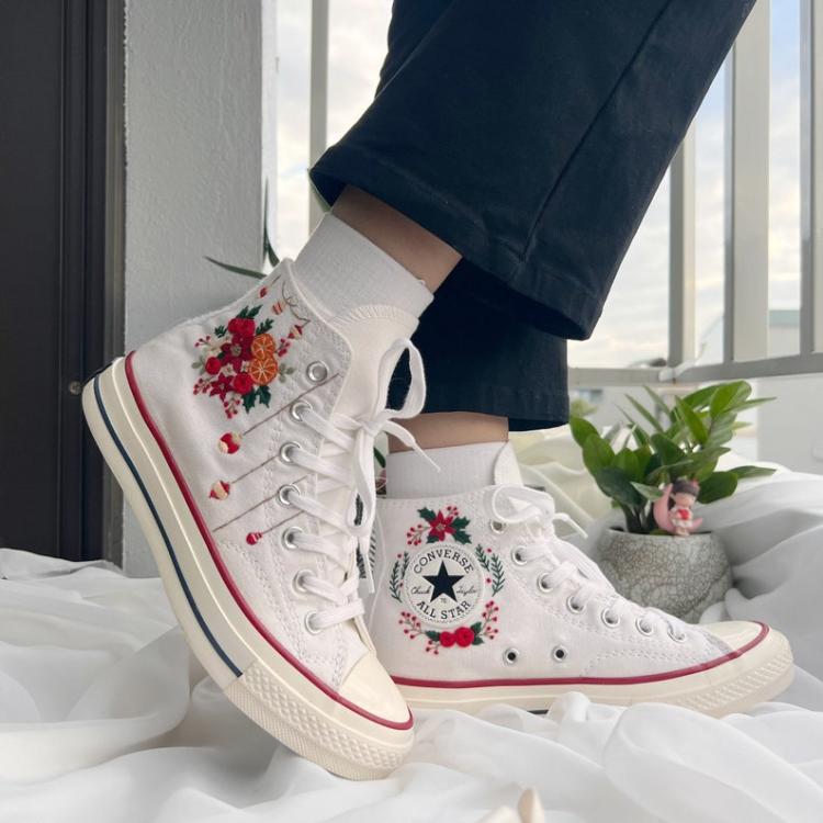 Flower Mint Converse Custom, Custom Embroidery Shoes, Wedding sneakers