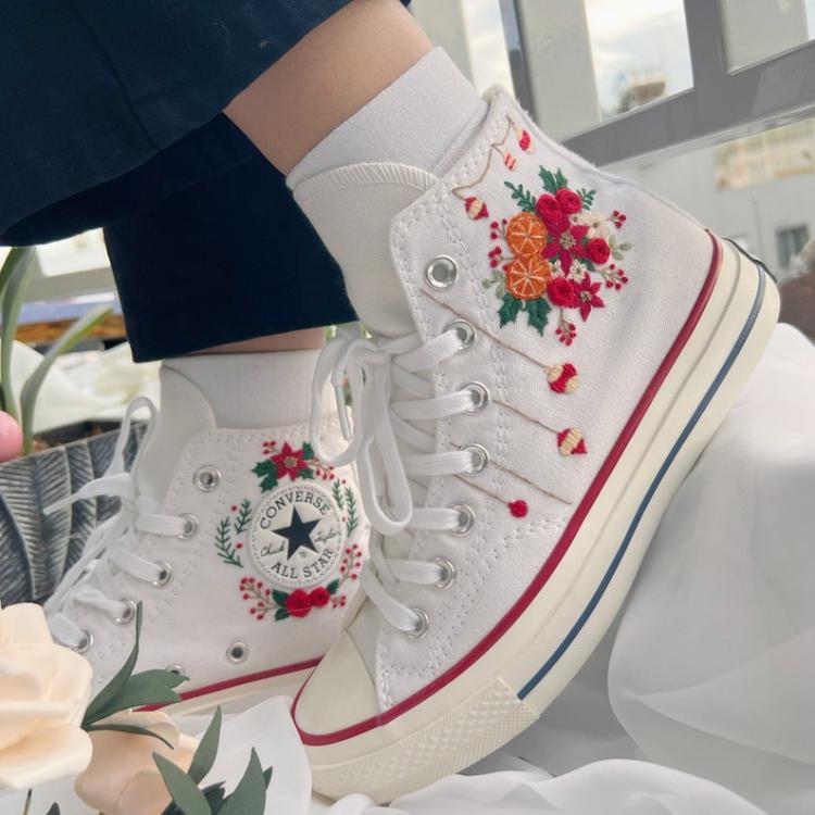 Flower Mint Converse Custom, Custom Embroidery Shoes, Wedding sneakers