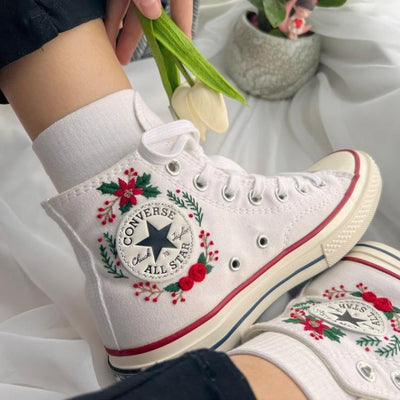 Flower Mint Converse Custom, Custom Embroidery Shoes, Wedding sneakers