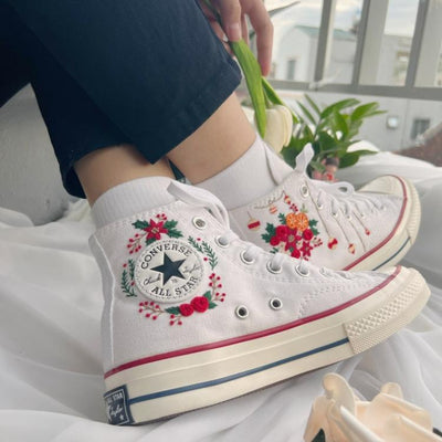 Flower Mint Converse Custom, Custom Embroidery Shoes, Wedding sneakers