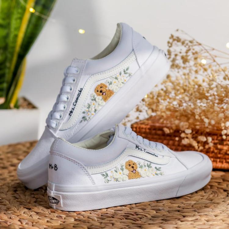 Custom Pet Embroidered Wedding Vans, White Rose