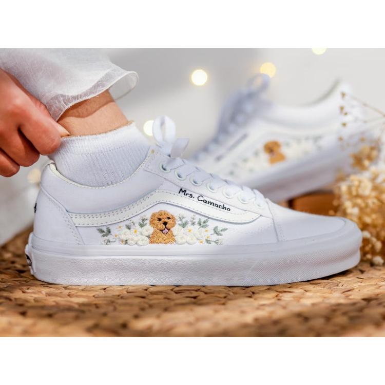 Custom Pet Embroidered Wedding Vans, White Rose