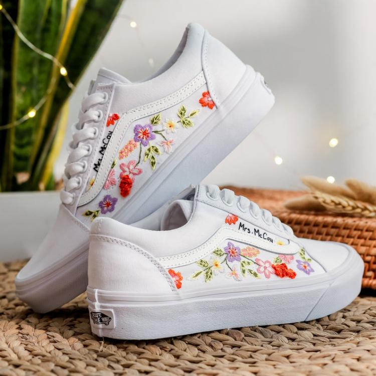 Custom Embroidered Vans, Bridal Flower Embroidered Shoes Wedding