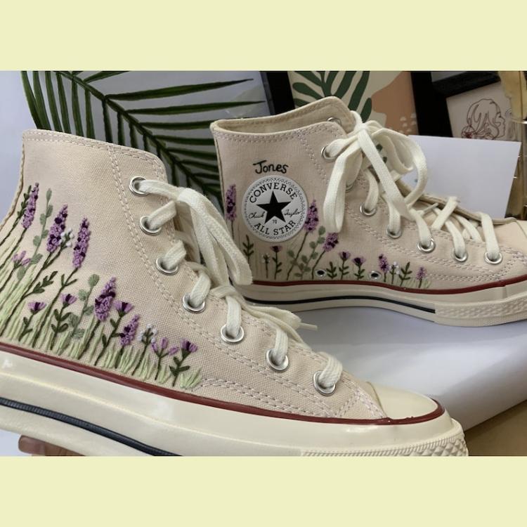 Flower Mint Converse Custom, Custom Embroidery Shoes, Wedding sneakers