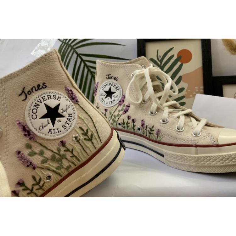 Flower Mint Converse Custom, Custom Embroidery Shoes, Wedding sneakers