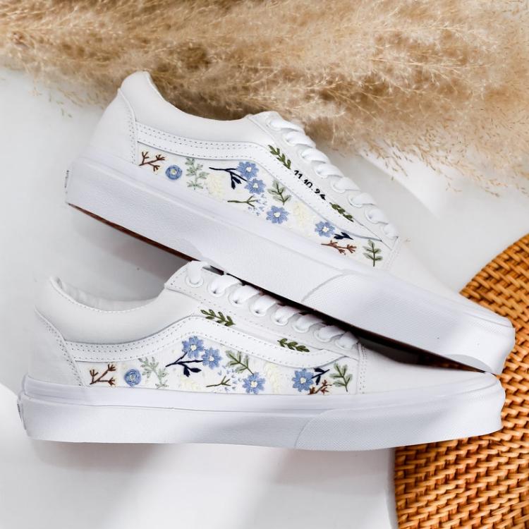 Wedding Vans for Bride and Groom, Blue Flowers Embroidered Vans Custom