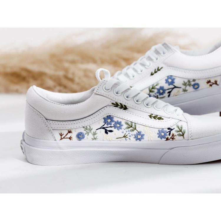 Wedding Vans for Bride and Groom, Blue Flowers Embroidered Vans Custom