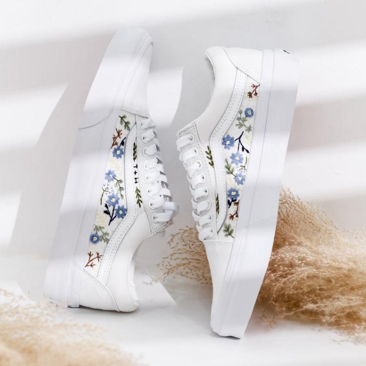 Wedding Vans for Bride and Groom, Blue Flowers Embroidered Vans Custom