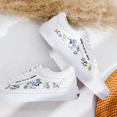 Wedding Vans for Bride and Groom, Blue Flowers Embroidered Vans Custom