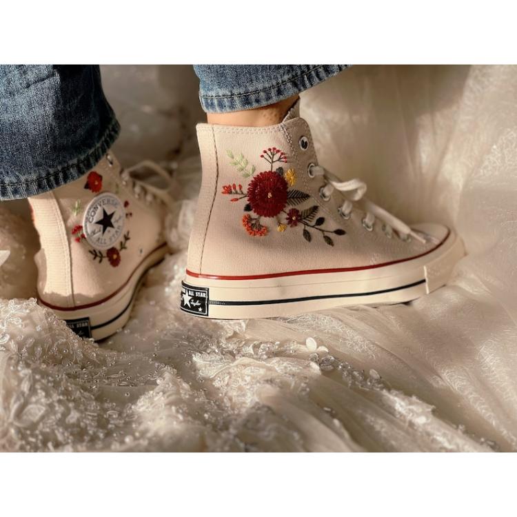 Flower Mint Converse Custom, Custom Embroidery Shoes, Wedding sneakers