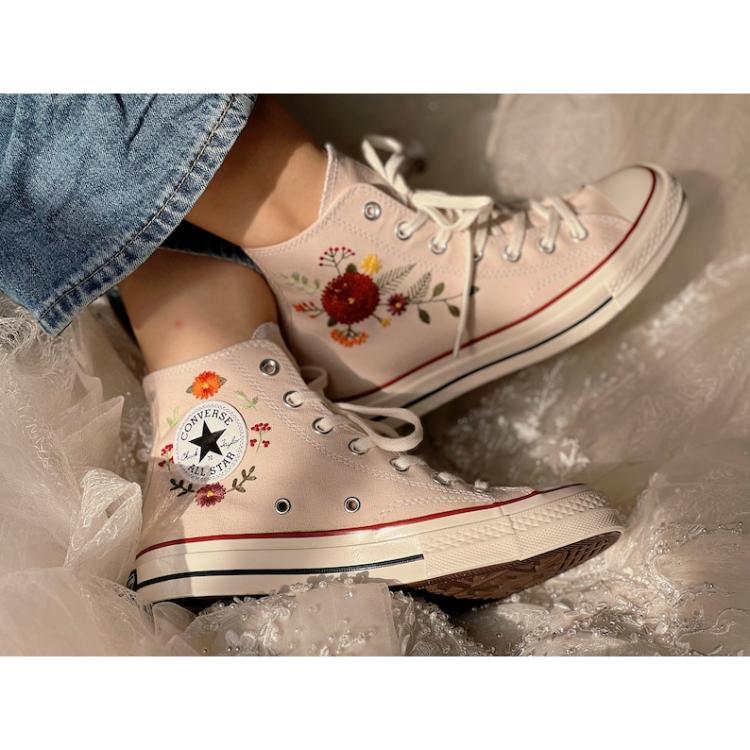 Flower Mint Converse Custom, Custom Embroidery Shoes, Wedding sneakers