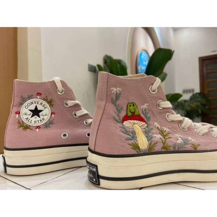 Embroidered Frog And Mushroom Converse, Mushroom Converse