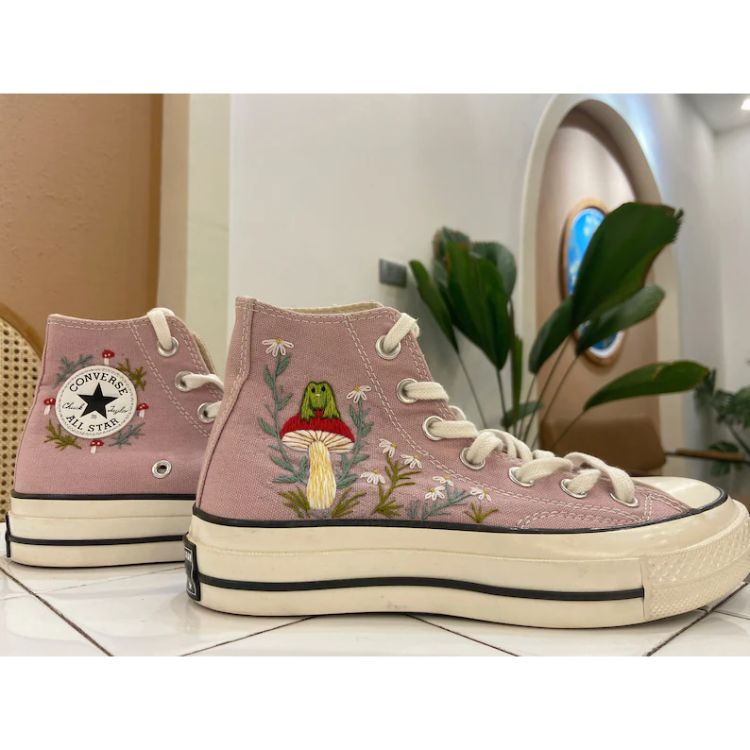 Embroidered Frog And Mushroom Converse, Mushroom Converse