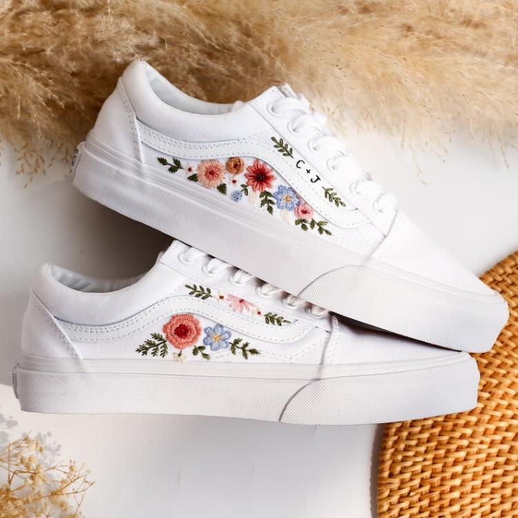 Wedding Vans for Bride, Bridal Flowers Embroidered Vans Shoes