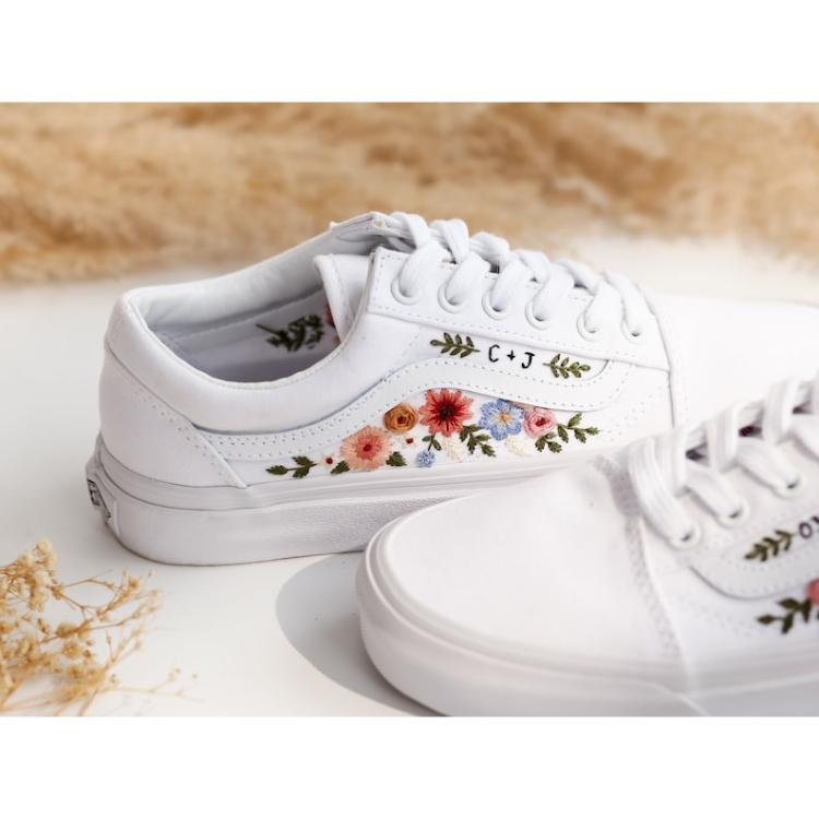 Wedding Vans for Bride, Bridal Flowers Embroidered Vans Shoes