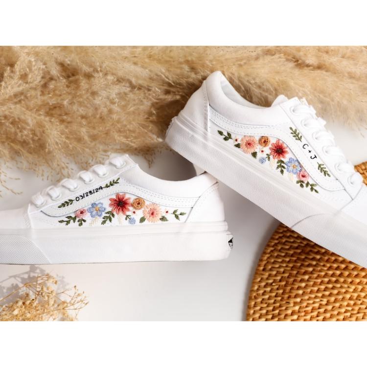 Wedding Vans for Bride, Bridal Flowers Embroidered Vans Shoes