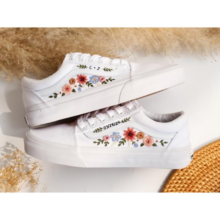 Wedding Vans for Bride, Bridal Flowers Embroidered Vans Shoes