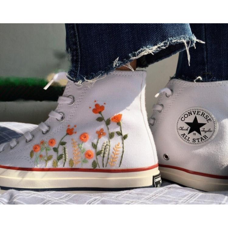 Mushroom And Flower Converse Custom, Custom Embroidery Shoes