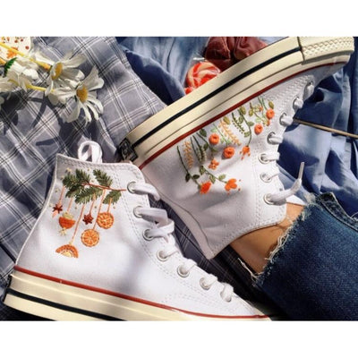 Mushroom And Flower Converse Custom, Custom Embroidery Shoes