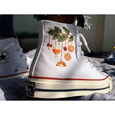 Mushroom And Flower Converse Custom, Custom Embroidery Shoes