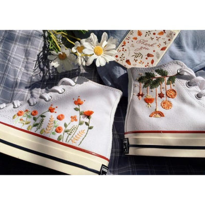 Mushroom And Flower Converse Custom, Custom Embroidery Shoes