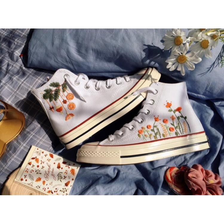 Mushroom And Flower Converse Custom, Custom Embroidery Shoes