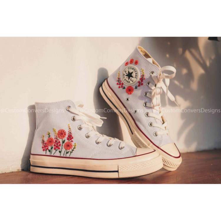 Mushroom And Flower Converse Custom, Custom Embroidery Shoes