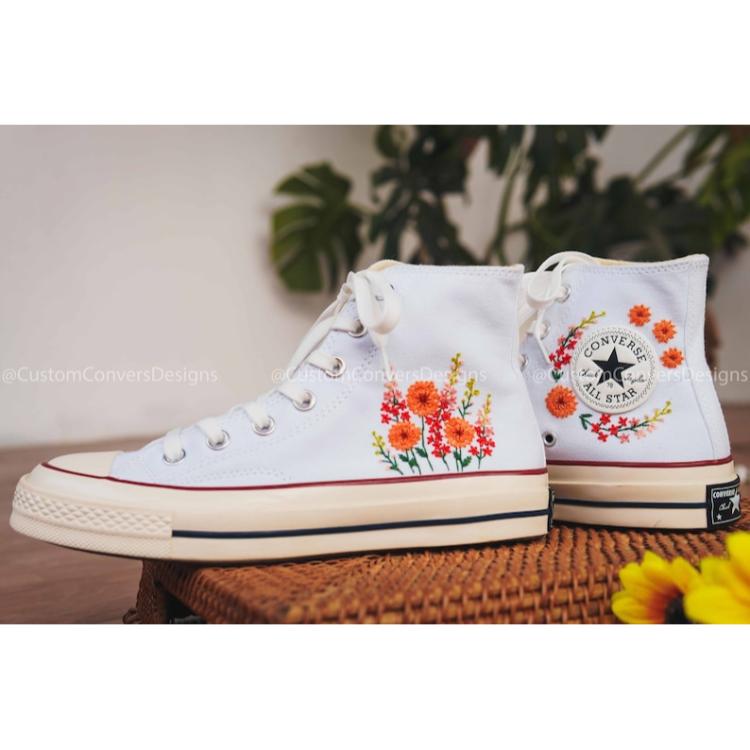 Mushroom And Flower Converse Custom, Custom Embroidery Shoes