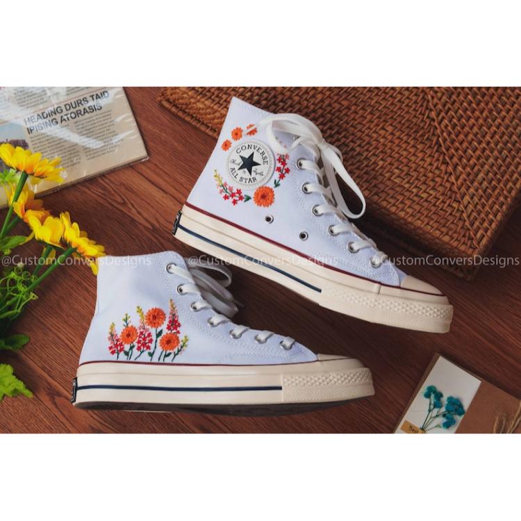 Mushroom And Flower Converse Custom, Custom Embroidery Shoes