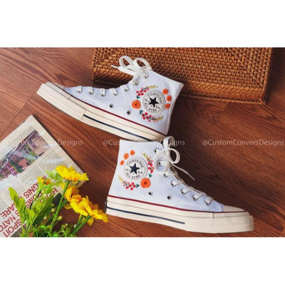 Mushroom And Flower Converse Custom, Custom Embroidery Shoes