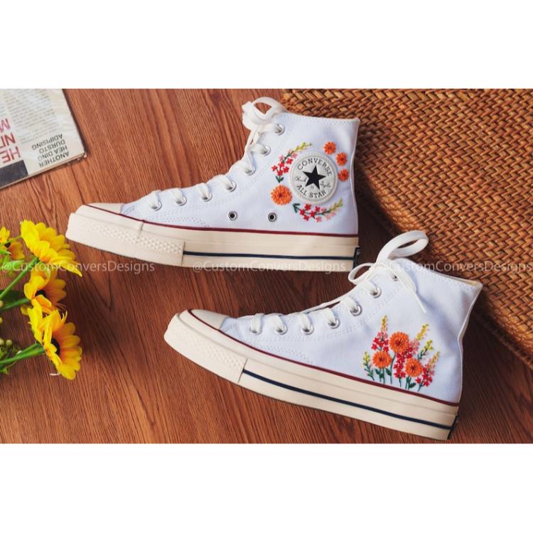 Mushroom And Flower Converse Custom, Custom Embroidery Shoes