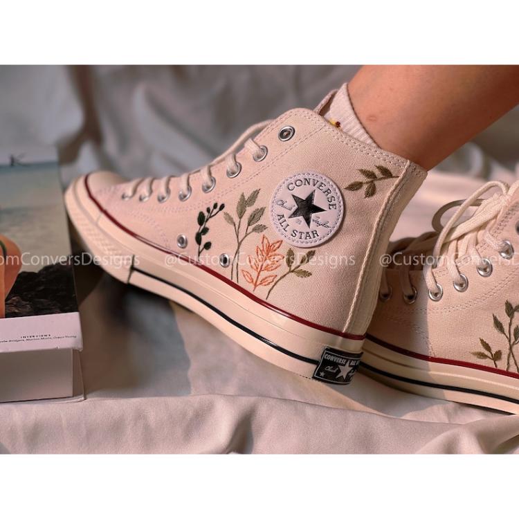 Mushroom And Flower Converse Custom, Custom Embroidery Shoes