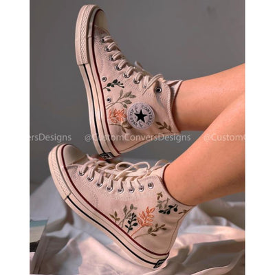 Mushroom And Flower Converse Custom, Custom Embroidery Shoes