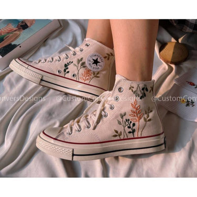 Mushroom And Flower Converse Custom, Custom Embroidery Shoes