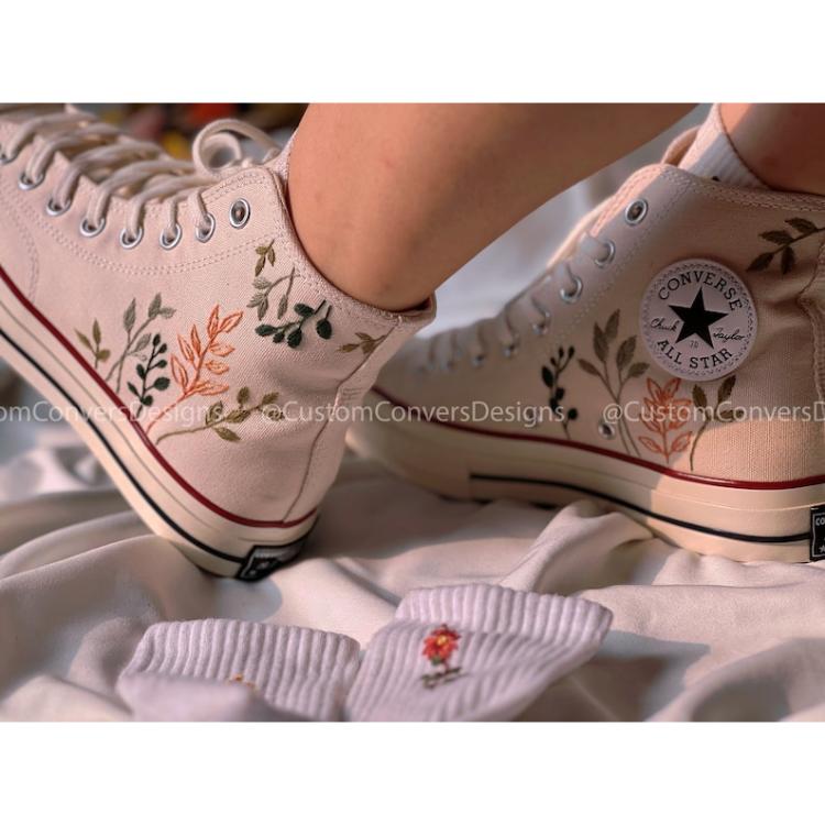 Mushroom And Flower Converse Custom, Custom Embroidery Shoes