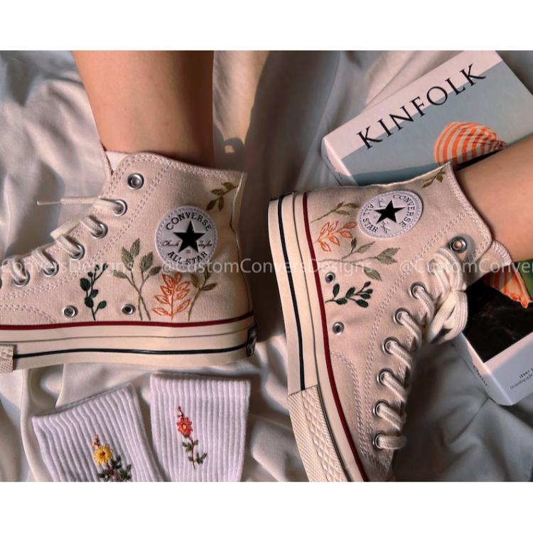 Mushroom And Flower Converse Custom, Custom Embroidery Shoes