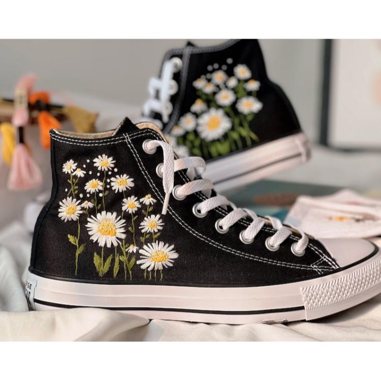 Mushroom And Flower Converse Custom, Custom Embroidery Shoes