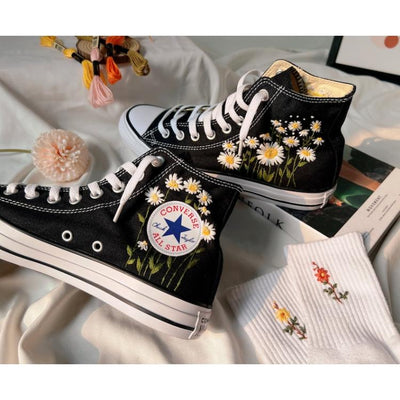 Mushroom And Flower Converse Custom, Custom Embroidery Shoes