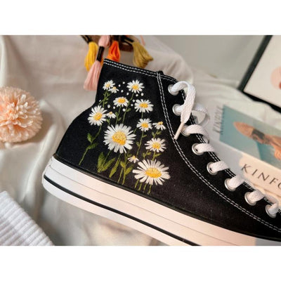 Mushroom And Flower Converse Custom, Custom Embroidery Shoes