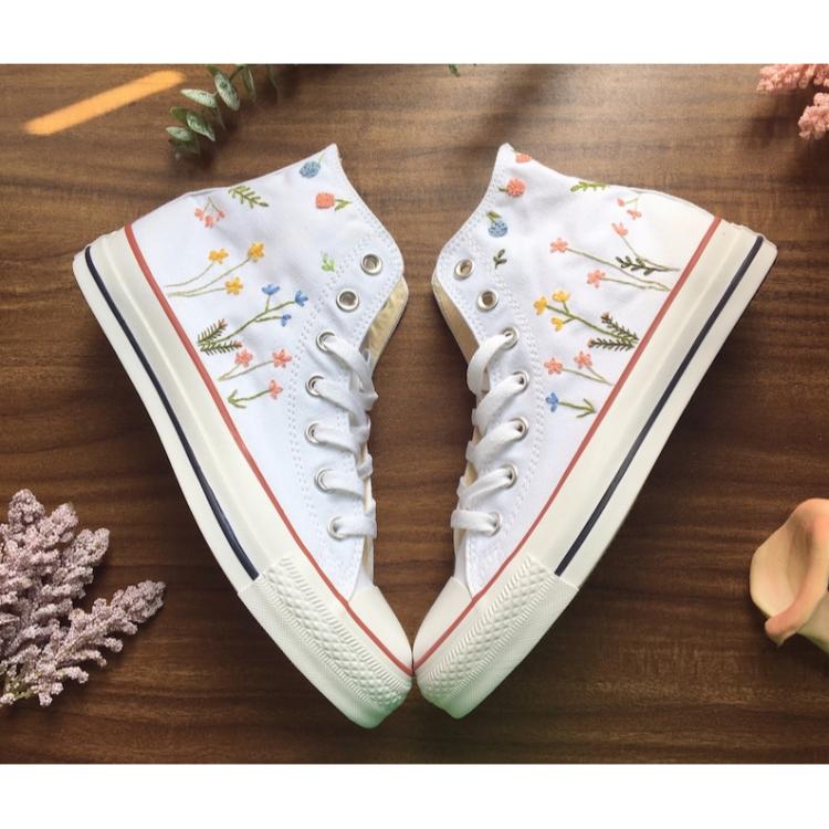 Mushroom And Flower Converse Custom, Custom Embroidery Shoes