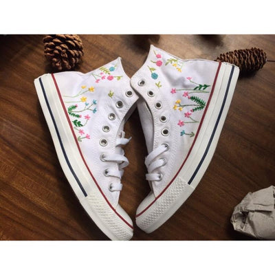 Mushroom And Flower Converse Custom, Custom Embroidery Shoes