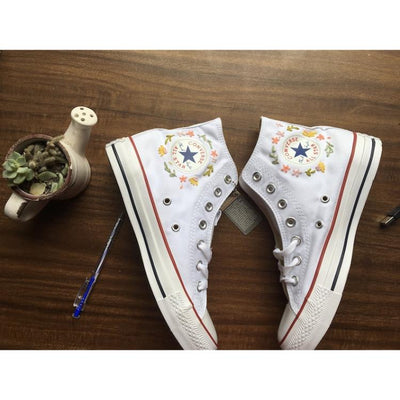 Mushroom And Flower Converse Custom, Custom Embroidery Shoes