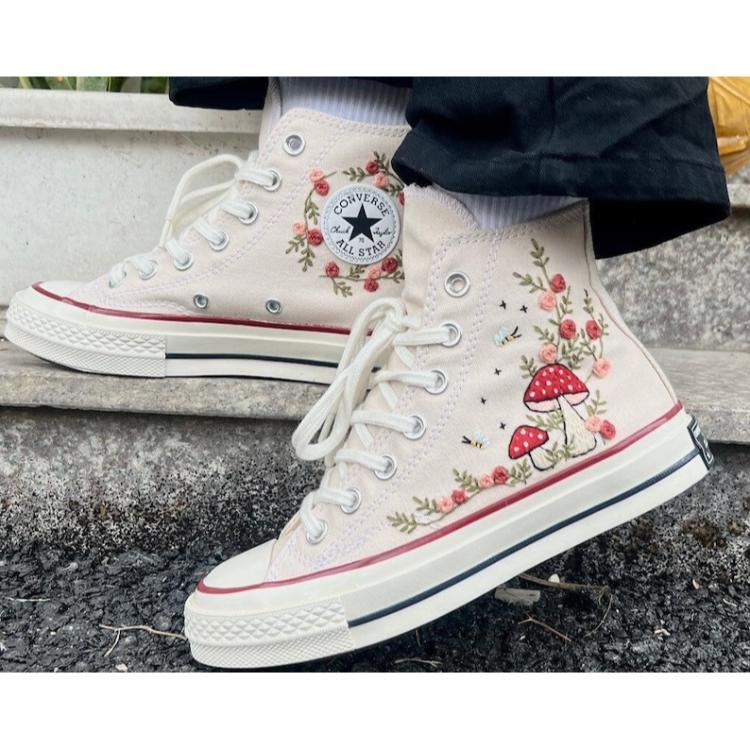 Mushroom And Flower Converse Custom, Custom Embroidery Shoes