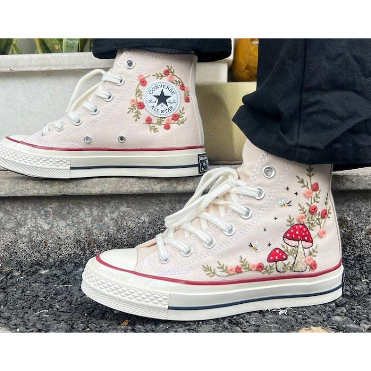 Mushroom And Flower Converse Custom, Custom Embroidery Shoes