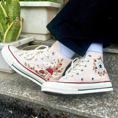 Mushroom And Flower Converse Custom, Custom Embroidery Shoes