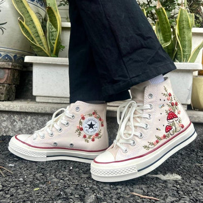 Mushroom And Flower Converse Custom, Custom Embroidery Shoes