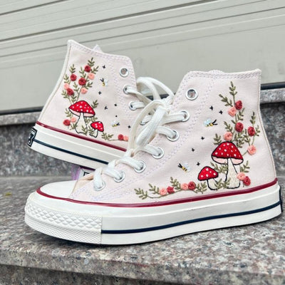 Mushroom And Flower Converse Custom, Custom Embroidery Shoes