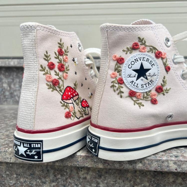 Mushroom And Flower Converse Custom, Custom Embroidery Shoes